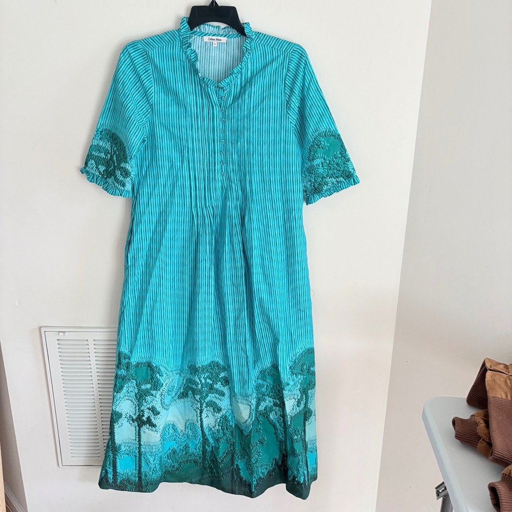 Celina Moon Tropical Tree Midi Dress Womens Turquoise Small Cotton Ruffle Pocket